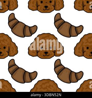 Adorable motif vectoriel de bande dessinée avec de mignons visages de caniche brun et de délicieux croissants sur un fond blanc, parfait pour des conceptions ludiques. Illustration de Vecteur