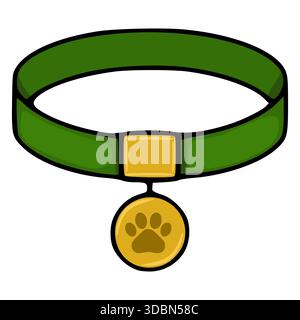 Une illustration vectorielle propre et isolée d'un collier vert pour animal de compagnie avec une boucle dorée et une étiquette circulaire avec un imprimé patte. Illustration de Vecteur