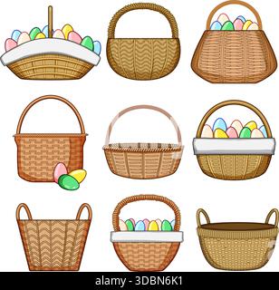 Collection de paniers en osier avec des œufs de pâques colorés Illustration de Vecteur