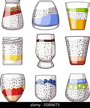 Puddings de graines de chia dans divers verres et bocaux illustrant des options de petit-déjeuner saines Illustration de Vecteur