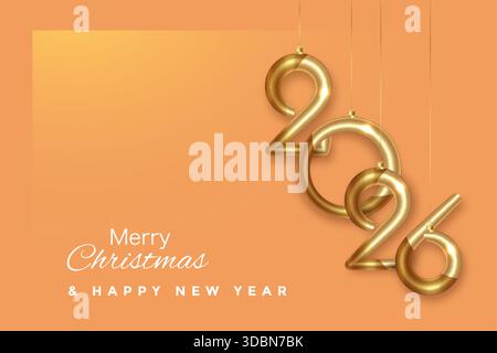 Bonne année 2026 pendants numéros d'or. Décoration de vacances de Noël conception verticale de carte de voeux pour invitation, calendrier, fête, luxe doré Illustration de Vecteur