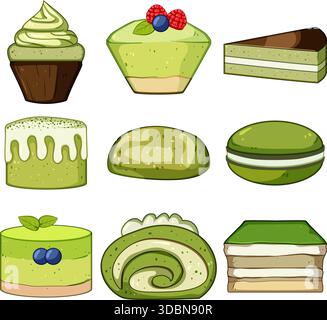 Assortiment de desserts au thé vert matcha et de sucreries japonaises Illustration de Vecteur