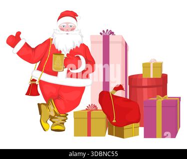 Illustration du Père Noël buvant du thé avant de distribuer des cadeaux sur un fond blanc Illustration de Vecteur