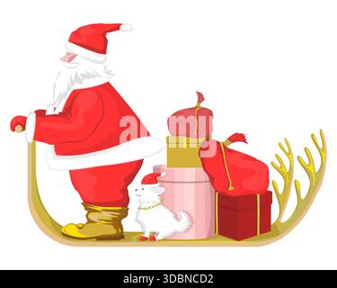 Le Père Noël et son petit chien conduisent une motoneige avec des bois de renne, transportant des cadeaux dans des boîtes Illustration de Vecteur