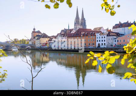Vue sur la ville avec Steinerner Brücke, tour de pont, cathédrale Pierre et Weinlände depuis l'Inselpark Oberer Wöhrd à la lumière du matin, Ratisbonne, Haut Palatinat, Bavière, Allemagne Banque D'Images