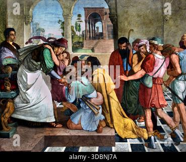 Joseph se donne à ses frères pour reconnaître 1816/17 Pierre Cornelius 1783 -1867 peintre allemand Allemagne ( Joseph se donne à ses frères pour reconnaître » (ou « Joseph se révèle à ses frères »), peint vers 1816-17, dépeint le moment dramatique du Livre de la Genèse où le vizir égyptien Joseph révèle sa véritable identité à ses frères perdus depuis longtemps, qui cherchent du grain pendant une famine, signifiant pardon et réconciliation. Cette fresque à grande échelle, qui fait partie du cycle Casa Bartholdy à Rome, montre l'étonnement des frères comme Joseph, autrefois vendu en esclavage. Banque D'Images