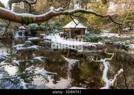 Une scène hivernale tranquille dans un jardin japonais avec un étang enneigé, un belvédère et des branches moussues. Banque D'Images