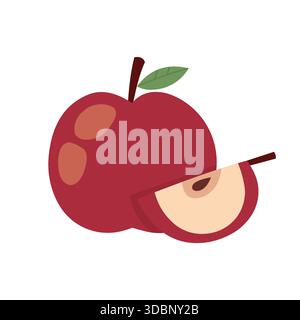 Pomme rouge avec illustration de tranche dans le style plat dessiné à la main Illustration de Vecteur