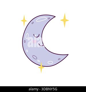 Illustration de lune en croissant de sommeil mignon avec des étoiles dans le style dessiné à la main Illustration de Vecteur