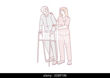 L'infirmière soignante aide l'homme âgé à l'aide d'un cadre de marche à l'hôpital. Soignant attentif et positif aider le grand-père âgé sur le marcheur dans la maison de retraite. Réadaptation. Illustrations vectorielles. Illustration de Vecteur