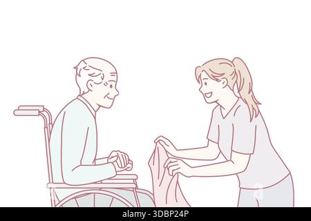 Une infirmière soignante couvre une vieille patiente malade assise en fauteuil roulant à l'hôpital.Aide-soignant attentif aide grand-père âgé mature à la retraite ou à la maison de retraite.Illustration vectorielle plate. Illustration de Vecteur