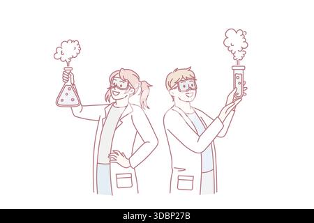 Des enfants heureux en uniforme médical font des expériences scientifiques à la classe de chimie à l'école.Les enfants souriants ont une expérience amusante en laboratoire rêve d'être des scientifiques.Concept d'éducation.Illustration vectorielle. Illustration de Vecteur