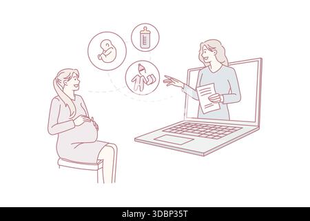 Femme médecin consulter la femme enceinte en ligne sur l'ordinateur.Bonne maman à avoir la consultation de webcam avec gynécologue, parler parler sur l'appel vidéo événement virtuel sur le verrouillage.Illustration vectorielle plate. Illustration de Vecteur