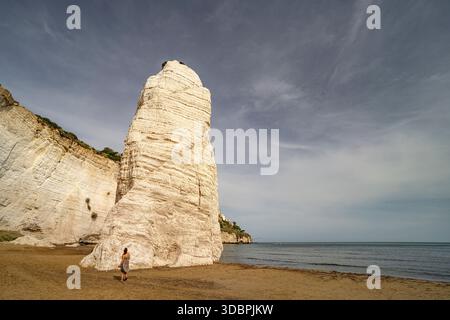 Pizzomunno rocher sur la plage Spiaggia di Castello à Vieste, Gargano, Pouilles, Italie, Europe Banque D'Images