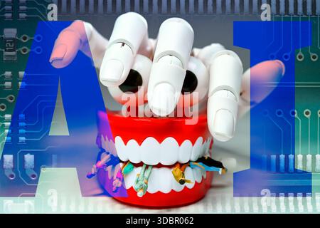 Main de robot sur les dents avec lettrage ai, photo symbolique pour la compétition entre ai et humains, photomontage Banque D'Images