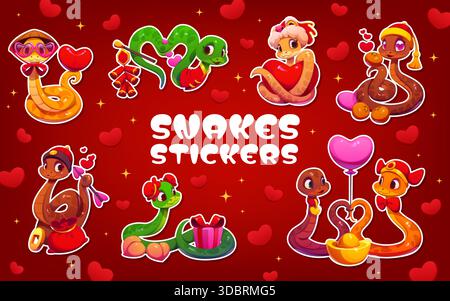 Autocollants asiatiques personnages animaux mignon serpent. Étiquette vectorielle de personnages d'animaux reptiles japonais. Patch ou autocollant de personnage de serpent asiatique avec pétard de feu d'artifice, ballon de coeur, cadeaux, fruits et charmes d'or Illustration de Vecteur
