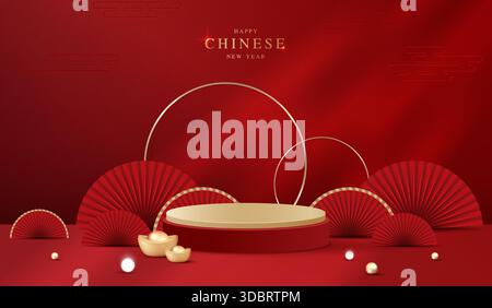 Podium scène style chinois pour le nouvel an chinois et les festivals ou festival de mi-automne avec fond rouge. maquette de scène avec des lanternes festives. Illustration de Vecteur