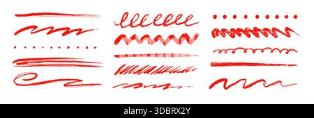 Soulignez en rouge les traits de pinceau et les repères de crayon ensemble d'éléments d'accentuation. Marques de crayon à craie texturées, griffonnages au crayon, lignes de couleur rouge. Le contour de pinceau de texture de crayon met en évidence les formes. Illustration vectorielle Illustration de Vecteur