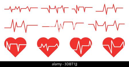 Ensemble de lignes d'ECG de pouls de moniteur de fréquence cardiaque rouge et d'icônes cardiaques symboles de cardiologie médicale illustration vectorielle de lignes de battement cardiaque Illustration de Vecteur