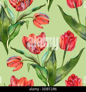 Motif aquarelle sans couture de haute qualité avec tulipes rouges et feuillage vert. Cet imprimé botanique est conçu pour la mode estivale, les vêtements et la maison Banque D'Images