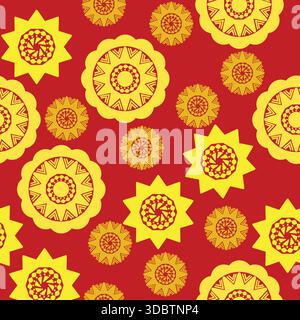Conception pour Noël avec des motifs jaunes et un motif sans couture de fond rouge ; flocons de neige abstraits sur fond doré; Illustration de Vecteur