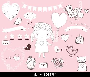 Ensemble d'éléments de design en blanc avec contour marron sur fond rose pour la Saint-Valentin Illustration de Vecteur