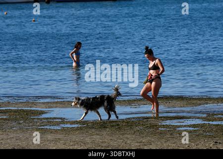 Geelong, Australie. 18 décembre 2025. Les amateurs de plage sont vus à Geelong Beach. Les gens se rassemblent à Geelong Beach alors que Victoria subit une chaleur extrême, Melbourne atteignant un maximum de 36 °C aujourd'hui. Les conditions chaudes devraient se poursuivre, Melbourne devrait atteindre environ 33 °C demain. Le Bureau of Meteorology a émis un avertissement de vague de chaleur grave pour Victoria, conseillant aux résidents de rester hydratés, de limiter l'exposition au soleil et de suivre les directives sur la chaleur et la santé. (Photo de Ye Myo Khant/SOPA images/Sipa USA) crédit : Sipa USA/Alamy Live News Banque D'Images