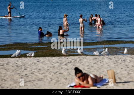 Geelong, Australie. 18 décembre 2025. Les amateurs de plage sont vus à Geelong Beach. Les gens se rassemblent à Geelong Beach alors que Victoria subit une chaleur extrême, Melbourne atteignant un maximum de 36 °C aujourd'hui. Les conditions chaudes devraient se poursuivre, Melbourne devrait atteindre environ 33 °C demain. Le Bureau of Meteorology a émis un avertissement de vague de chaleur grave pour Victoria, conseillant aux résidents de rester hydratés, de limiter l'exposition au soleil et de suivre les directives sur la chaleur et la santé. (Photo de Ye Myo Khant/SOPA images/Sipa USA) crédit : Sipa USA/Alamy Live News Banque D'Images