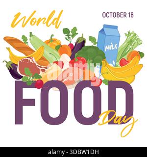 Journée mondiale de l'alimentation. Le concept de l'importance de la sécurité alimentaire, de la nutrition responsable et de l'élimination du gaspillage alimentaire. Nourriture dans un style plat sur le fond de la Terre. 16 octobre. Illustration de Vecteur