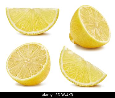 Chemin de détourage de la collection de citrons. Citron isolé sur fond blanc. Gros ensemble de fruits de citron frais. Banque D'Images