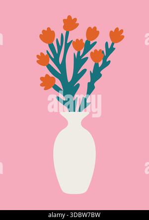 Arrangement minimaliste de fleurs rouges dans un vase blanc sur fond rose Illustration de Vecteur