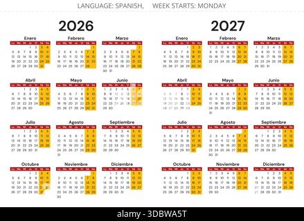calendrier annuel espagnol 2026 et 2027. Vecteur illustration moderne en couleur du drapeau de l'Espagne - calendrier de l'année Illustration de Vecteur