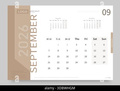 Le calendrier pour septembre 2026 est blanc et beige. La mise en page du calendrier pour septembre 2026 avec la date du début de la semaine le lundi Illustration de Vecteur
