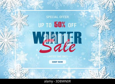 Vente de Noël, bannière avec des flocons de neige blancs et le texte de la vente en rouge. Illustration de Vecteur