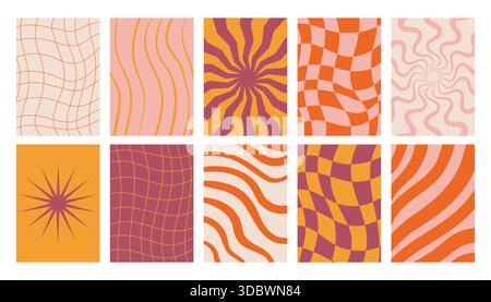 Ensemble de posters rétro groovy avec des textures à carreaux, rayées et ondulées dans le style audacieux de l'an 2000. Trippy hippie humeur inspirée par le design des années 60 et 70, parfait fo Illustration de Vecteur