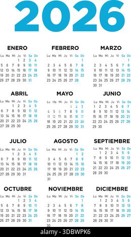 Un grand calendrier affiche l'année 2026. Chaque mois est présenté clairement avec des dates surlignées dans un format de grille pour une lecture facile. Illustration de Vecteur