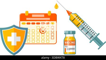 Bannière de concept de vaccination. temps de vacciner avec seringue, flacon de vaccin, calendrier. icône de style plat. illustration vectorielle isolée Illustration de Vecteur