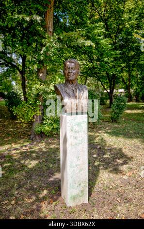 Buste en bronze de Ronald Reagan sur piédestal en pierre dans la zone boisée du parc de la ville, Budapest, Hongrie. Banque D'Images