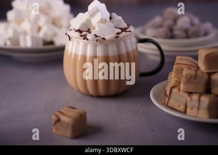 mug confortable de chocolat chaud garni de crème fouettée et de saupoudrées de chocolat, entouré de plaques de guimauves et de morceaux de fudge arrosés sur un doux Banque D'Images
