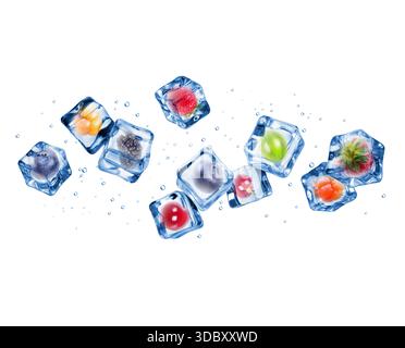 Différentes baies dans des cubes de glace sur fond blanc Banque D'Images