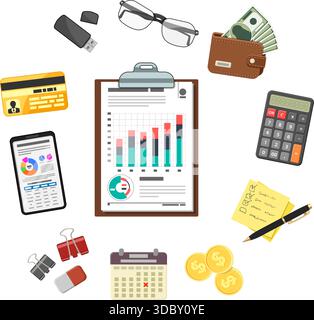Audit en ligne, fiscalité, concept comptable. L'auditeur tient son smartphone en main et vérifie le rapport financier avec des graphiques à l'écran à l'aide d'une loupe. Illustration de Vecteur
