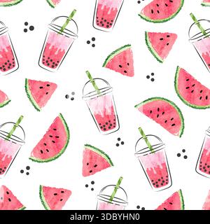 Motif sans couture de thé à bulles de pastèque. Fond de vecteur avec boisson de fruit boba dans des verres Illustration de Vecteur