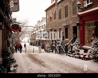Le Vieux-Québec est carte postale en hiver avec des rues enneigées, des lumières festives et des marchés de Noël créent de la magie dans le Vieux-Québec historique, Canada. Banque D'Images