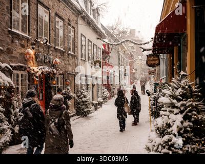 Le Vieux-Québec est carte postale en hiver avec des rues enneigées, des lumières festives et des marchés de Noël créent de la magie dans le Vieux-Québec historique, Canada. Banque D'Images
