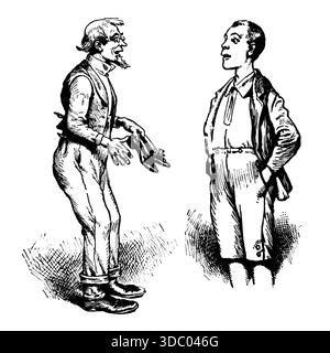 Deux images, illustrations des années 1800 d'hommes. L'un portant des bretelles, l'autre debout en short, les mains dans les poches. Illustration de Vecteur