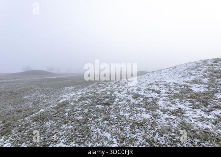 Monticules funéraires celtiques mystiques dans le brouillard hivernal près d'Erkenbrechtsweiler. Sites funéraires historiques enneigés sur Heidengraben dans le Jura souabe dans une atmosphère atmosphérique Banque D'Images