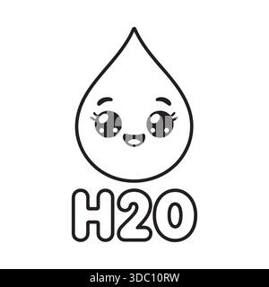 Une charmante illustration de gouttelettes d'eau de style kawaii ou emoji avec un visage souriant et la formule chimique h2o ci-dessous Illustration de Vecteur