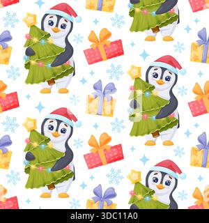 joli motif sans couture d'hiver avec des pingouins, chapeau de père noël, arbres de noël, cadeaux, flocons de neige. Illustration de Vecteur