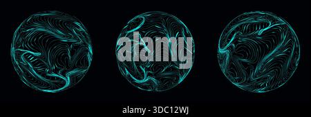 Trois sphères bleues futuristes flottent dans un vide sombre montrant des lignes topographiques complexes qui évoquent l'énergie numérique et le mouvement fluide pour les passionnés de technologie Illustration de Vecteur