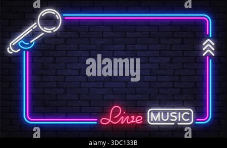Cadre vectoriel moderne au néon avec texte de musique en direct, icône de microphone et flèches dynamiques. Idéal pour les annonces de concerts, les flyers de clubs et le branding de scène. Illustration de Vecteur